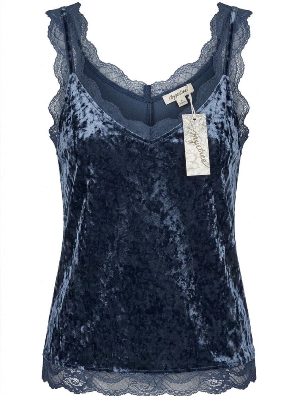 Mystree crushed velvet Navy Lace-Trimmed Top camisole women’s medium - Picture 1 of 5